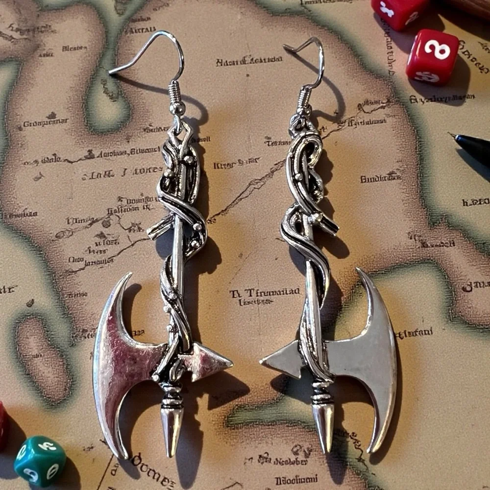 Silver Toned Battle Axe Earrings